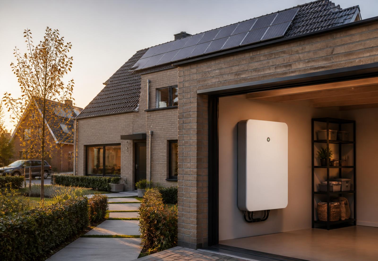 Woning met zonnepanelen en een thuisbatterij aan de muur